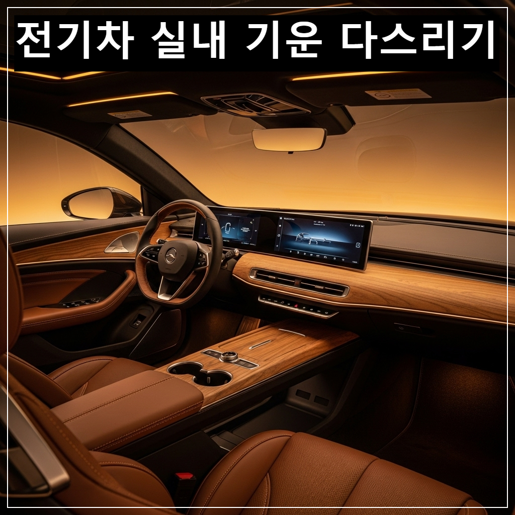 미래 지향적인 디자인의 전기차 실내 공간. 대시보드에는 따뜻한 오렌지빛 앰비언트 라이트가 흐르고, 센터페시아에는 정갈한 우드 트림과 세련된 브라운 가죽 시트가 조화를 이루며 아늑한 분위기를 자아냄