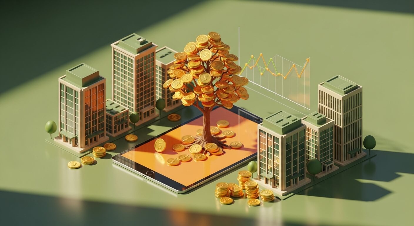 빌딩의중간에 돈나무가있고황금코인이 주렁주렁열여있다