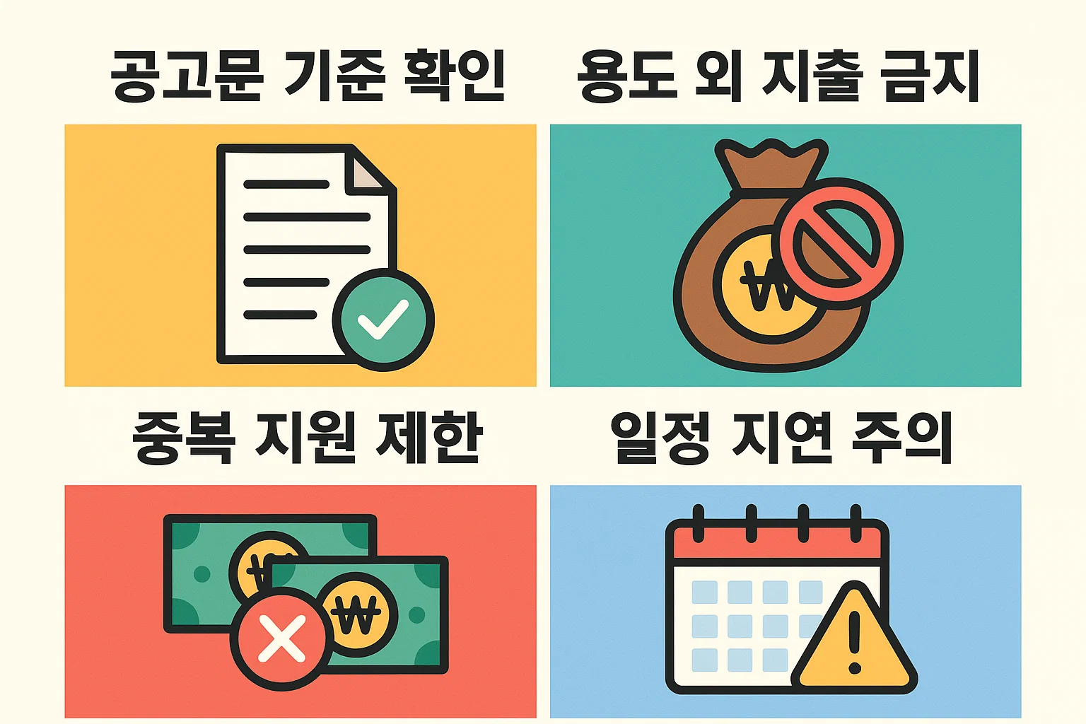 서울 창업지원금 활용 시 확인해야 할 공고문 기준, 용도 외 지출 금지, 중복지원 제한, 일정 지연 주의 등 리스크 관리 사항을 알려주는 안내 이미지