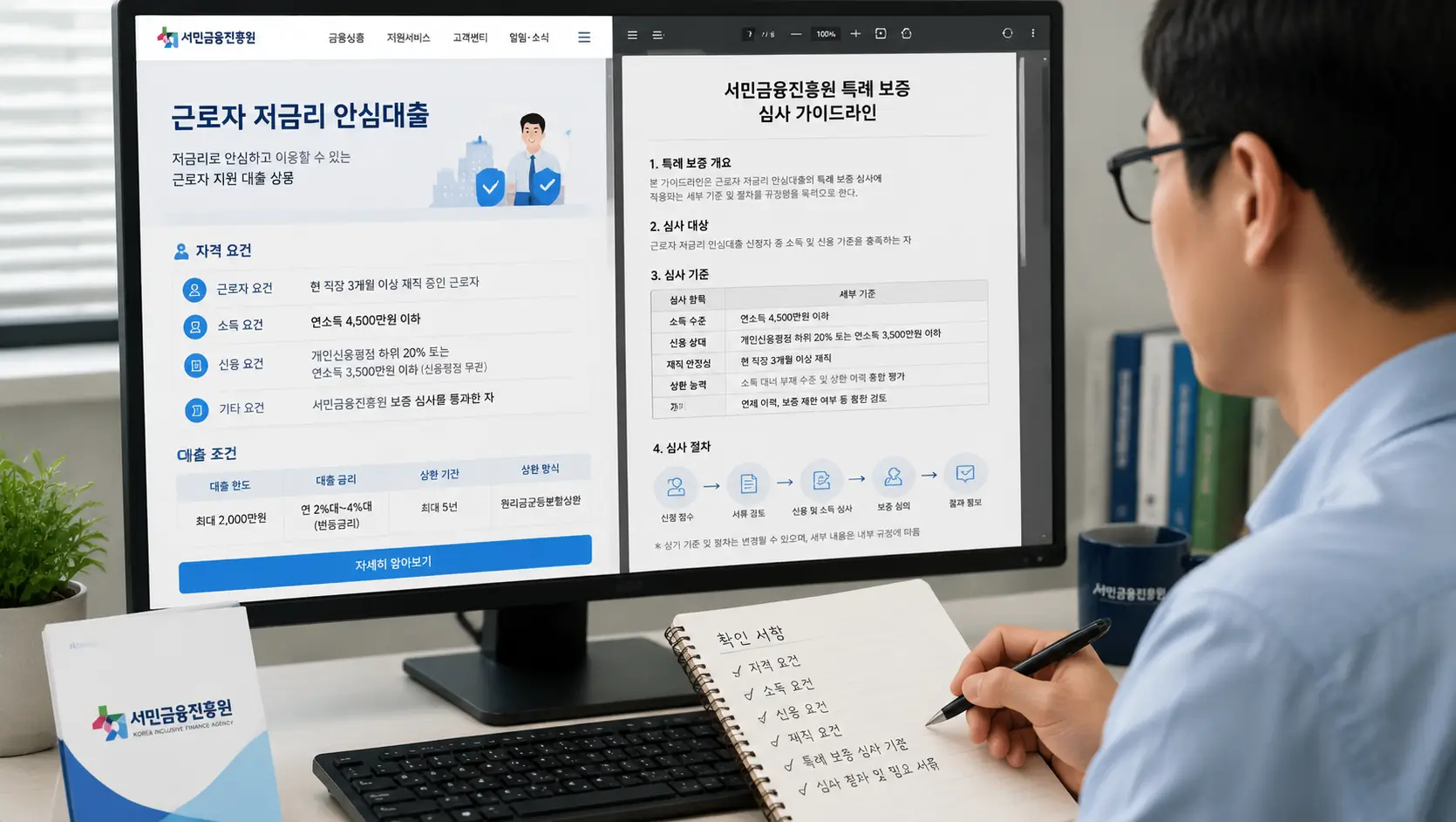 근로자 저금리 안심대출 자격 요건 및 서민금융진흥원 특례 보증 심사 가이드라인 확인 과정