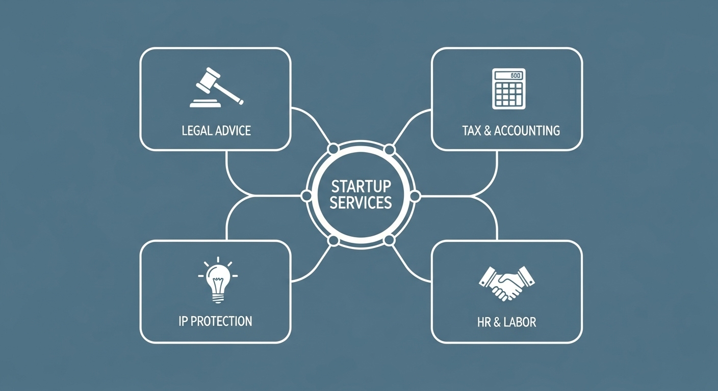 법률, 세무, 특허, 노무 등 다양한 창업 지원 서비스를 깔끔하게 보여주는 인포그래픽