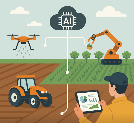 무인 농작업 지원 시스템을 표현한 인포그래픽. 자율주행 트랙터, 드론, 로봇이 농장에서 작업을 수행하고, 클라우드 AI 시스템이 이를 관리하며 농민이 스마트 기기로 확인하는 과정을 시각화한 이미지.