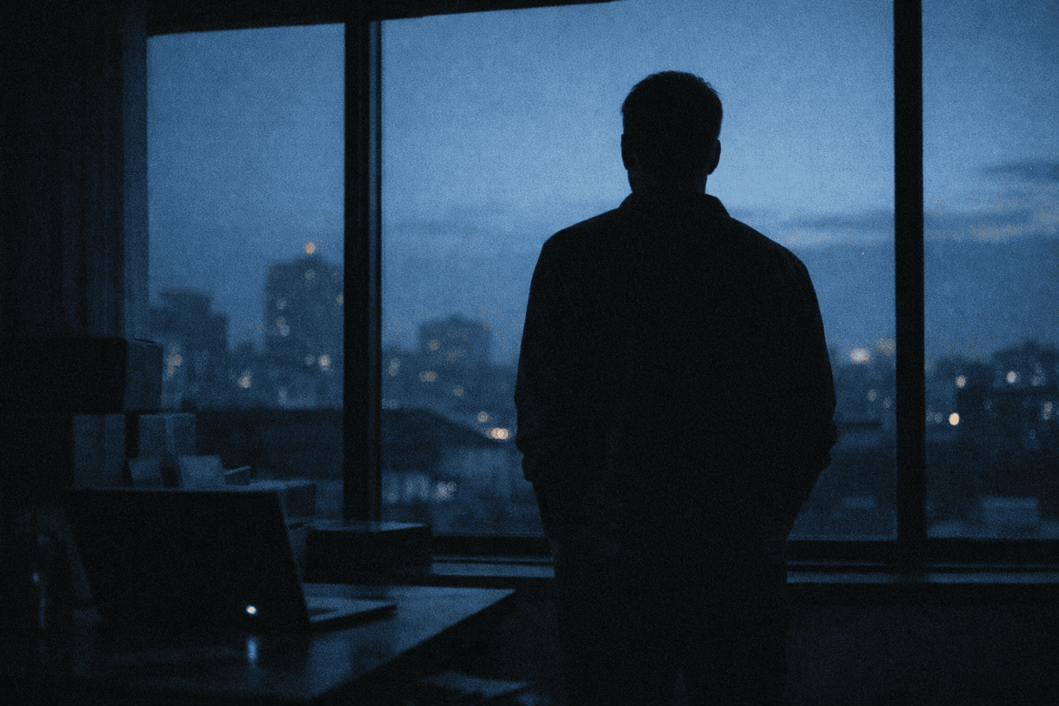 새벽 창가 앞에서 혼자 고민하는 쇼핑몰 운영자의 고요한 순간과 잔잔한 부담감.