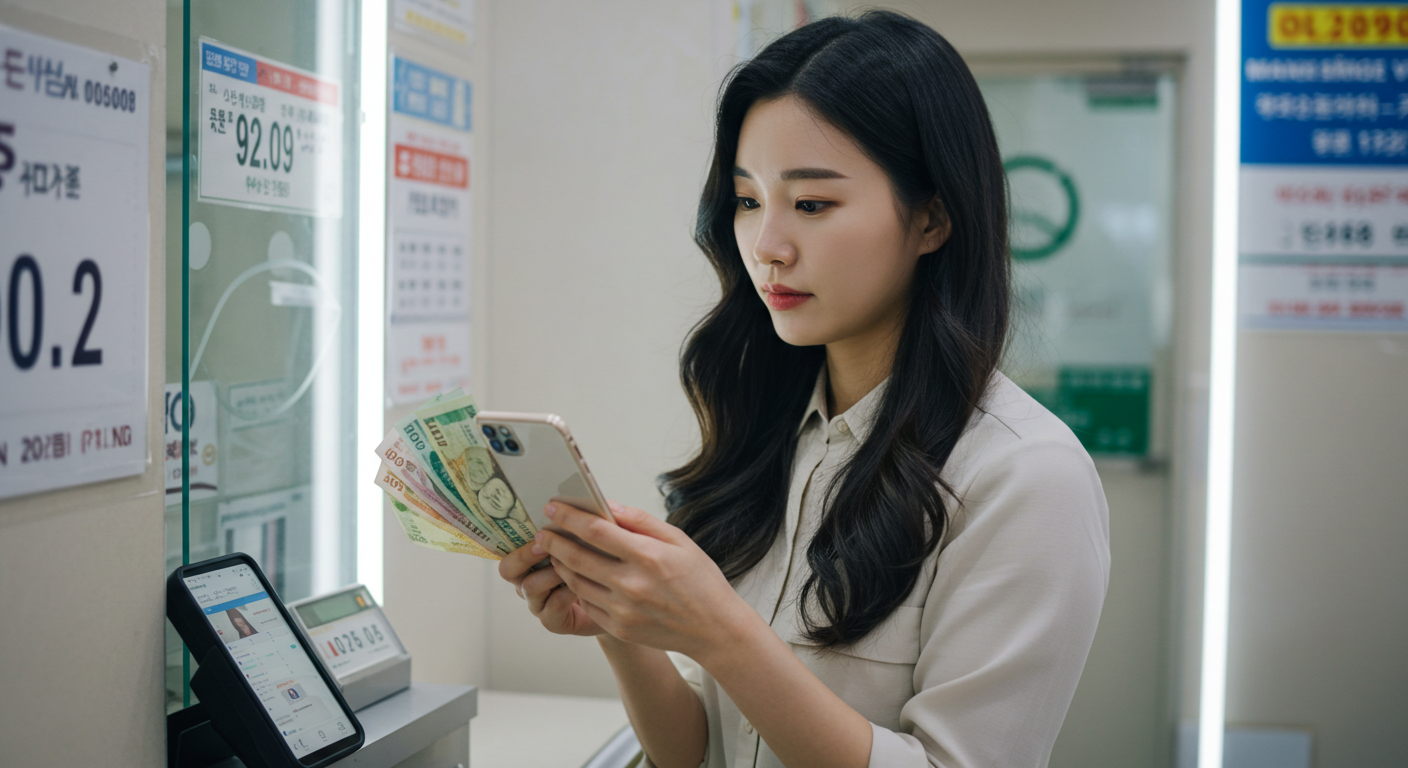 스마트폰 앱과 다양한 통화를 들고 현지 상황에 맞춰 환전을 준비하는 모습.