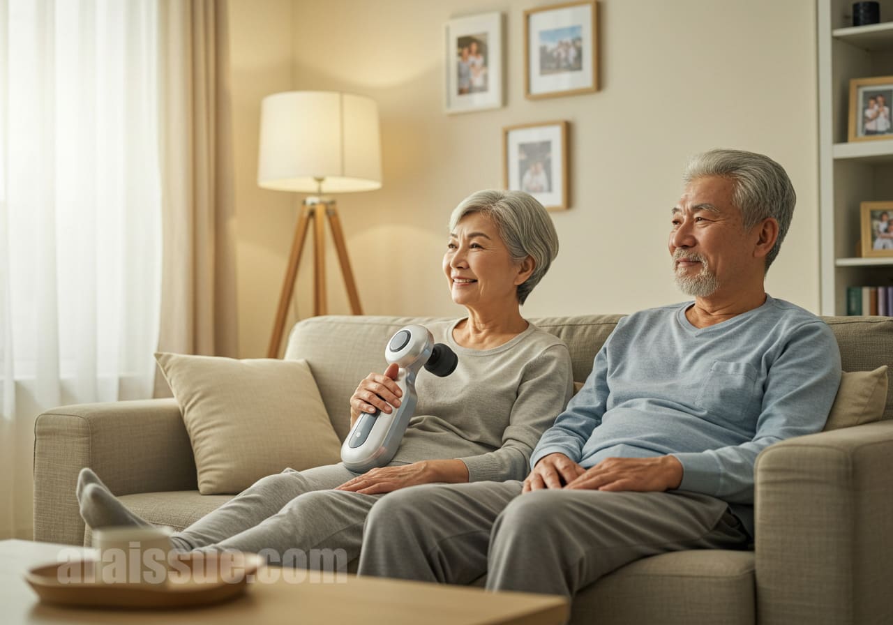 거실에서 마사지기를 사용하며 편안하게 쉬고 있는 부모님의 모습. 건강과 휴식을 동시에 즐기는 따뜻한 가정의 분위기를 담고 있습니다