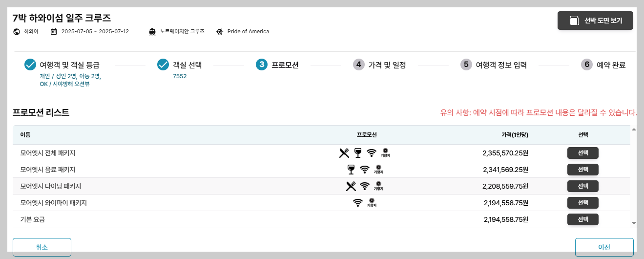 하와이 크루즈 옵션