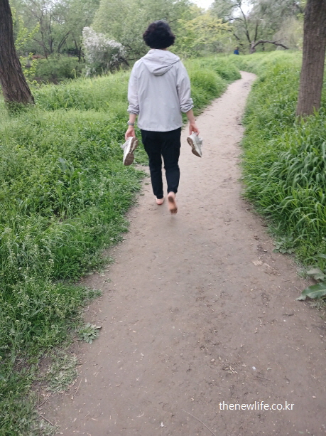 서울 여의도 샛강생태공원의 진흙길에서 맨발 걷기를 하는 여성의 뒷모습