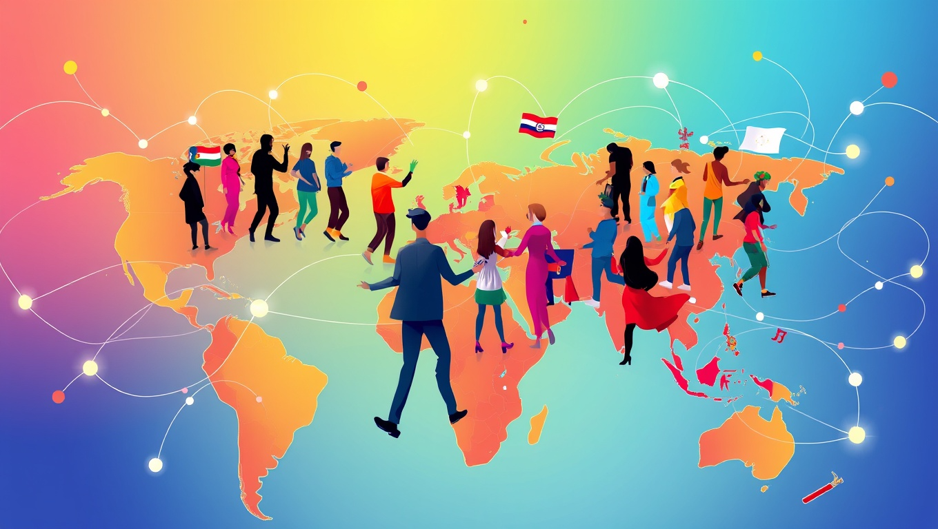 세계 지도를 배경으로 사람들이 쇼핑을 하는 모습을 레이아웃한 그림