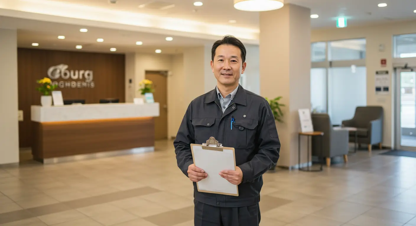 깔끔한 유니폼을 입은 친절하고 전문적인 중년의 주택관리사가, 현대적이고 깨끗한 대규모 아파트 단지 로비에서 클립보드를 들고 서 있는 모습
