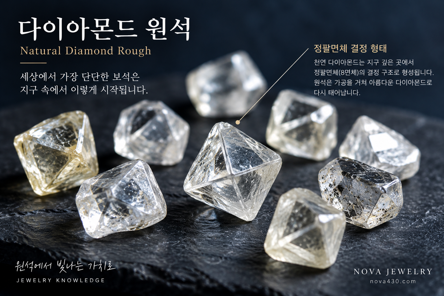 정 팔면체 결정 형태와 내포물이 보이는 천연 다이아몬드 원석 이미지