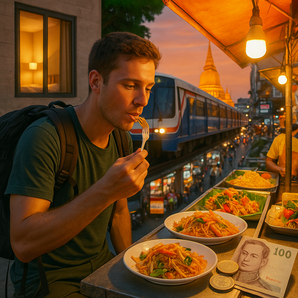 배낭을 멘 여행자가 방콕 야시장에서 팟타이를 맛보며 배경으로 스카이트레인, 호스텔 창문, 황금빛 사원 첨탑이 어우러진 풍경을 즐기는 모습