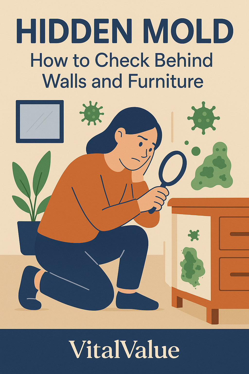 llustration of a woman inspecting behind furniture with a magnifying glass, showing how to check for hidden mold at home.