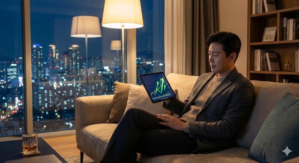 화살표가 우상향하는 차트 위에서 여유롭게 커피를 마시는 성공한 서학개미의 모습