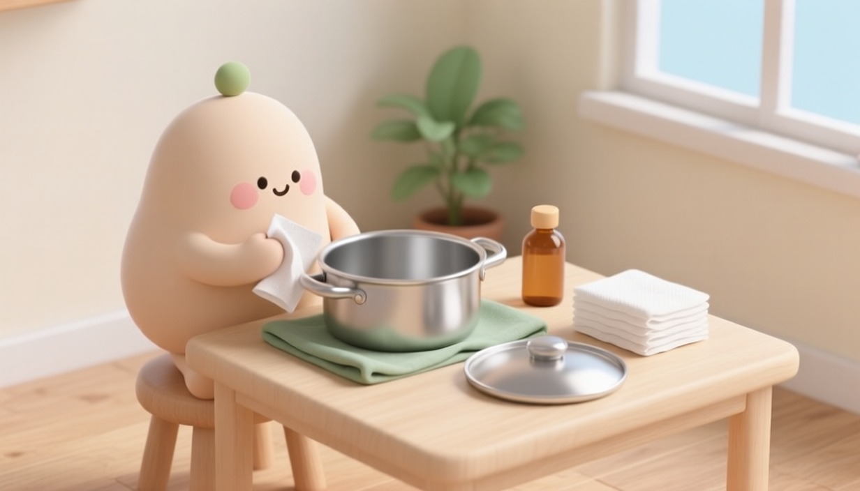 새 스테인리스 냄비 안쪽을 키친타월로 닦는 캐릭터