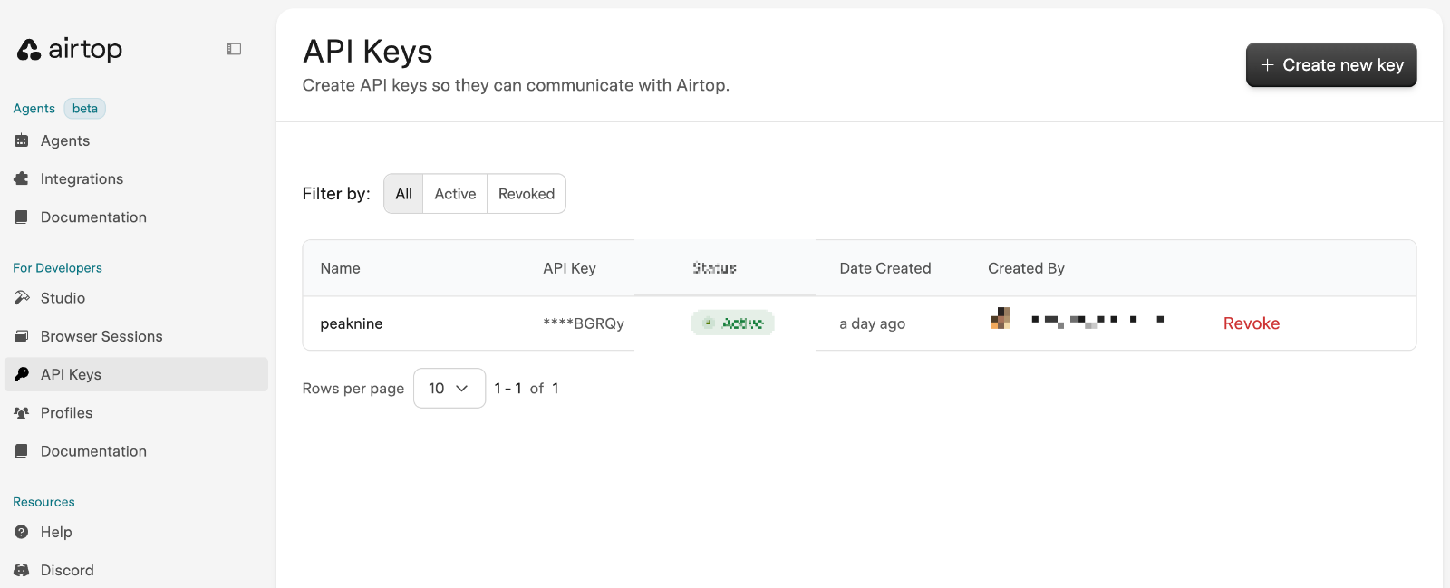 로그인 후 대시보드의 좌측 메뉴에서 'API Keys'를 선택하여, 새로운 API Key를 발급받습니다
