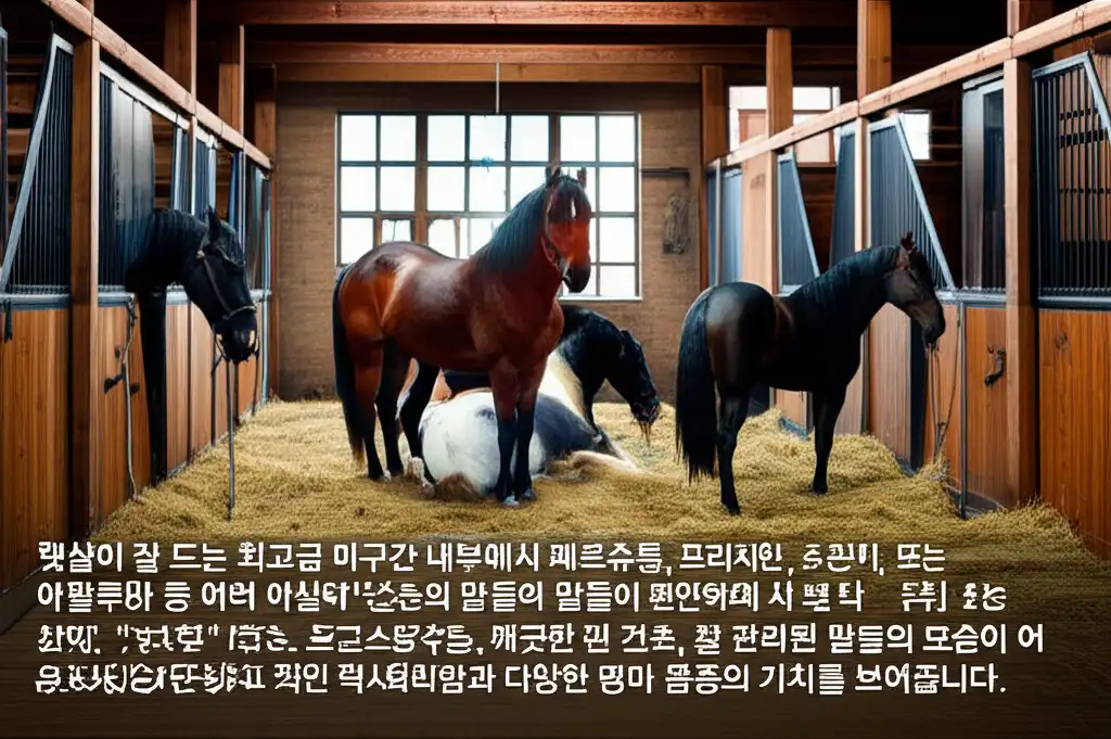 최고급 마구간에 서 있는 가장 비싼 말 종류의 명마