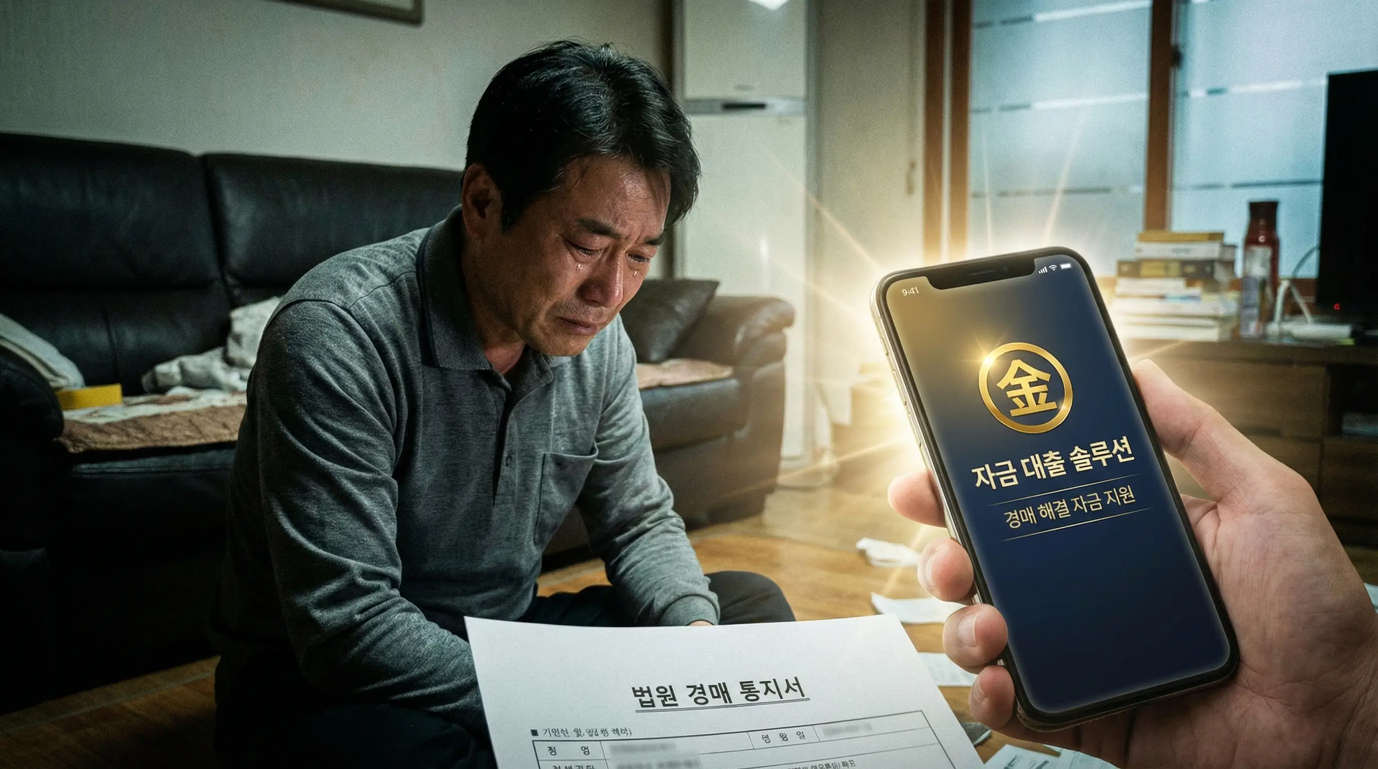 법원 경매 통지서를 받고 괴로워하는 집주인과 이를 해결해 줄 자금 대출 솔루션이 빛나는 모습