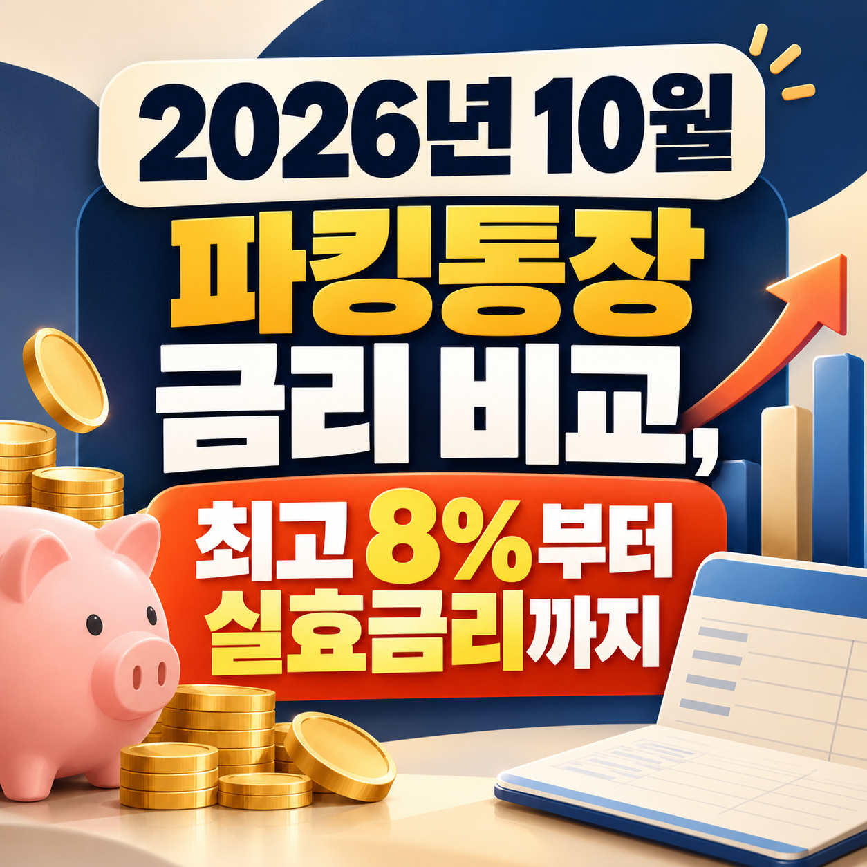 2026년 10월 파킹통장 금리 비교와 최고 8% 금리부터 실효금리까지를 강조한 금융 인포그래픽 이미지.