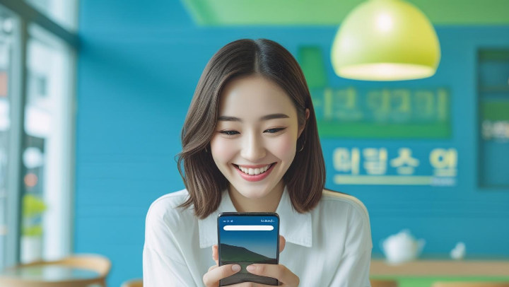 스마트폰으로 빠르게 로딩되는 블로그를 만족스럽게 보는 여성 사용자