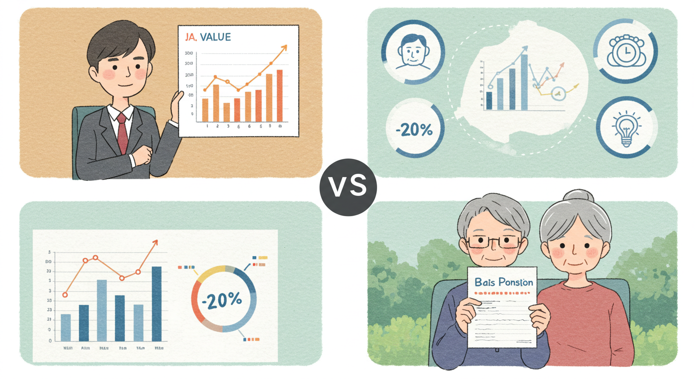 국민연금과 기초연금의 차이점을 직관적으로 비교하는 장면