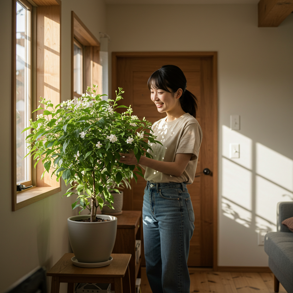 오렌지자스민 나무를 바라보는 여성