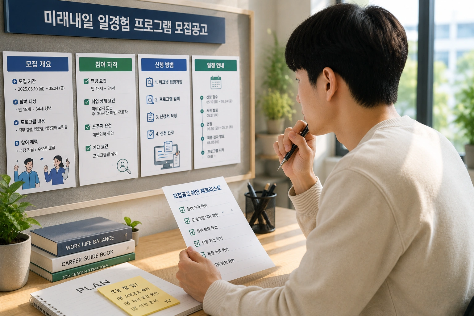 청년이 미래내일 일경험 모집 공고와 신청 자격 안내를 확인하며 참여 조건을 꼼꼼히 살펴보는 모습