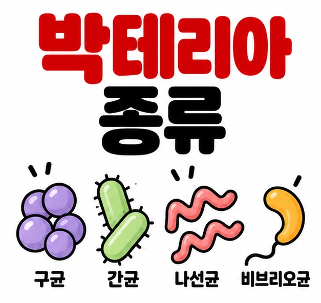구균 간균 나선균 비브리오균 모양 아이콘 옆에 박테리아 종류 문구를 크게 보여주는 대표 카드