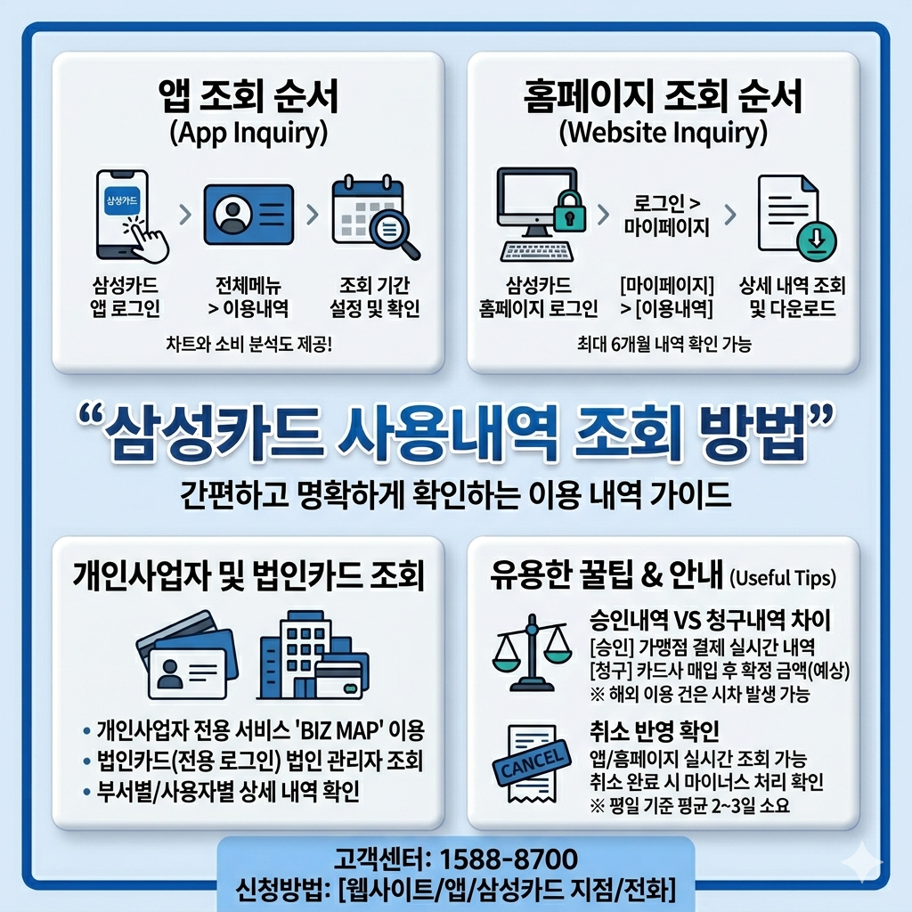 삼성카드 사용내역 조회 방법 앱&middot;홈페이지&middot;개인사업자 내역 확인 순서 인포그래픽
