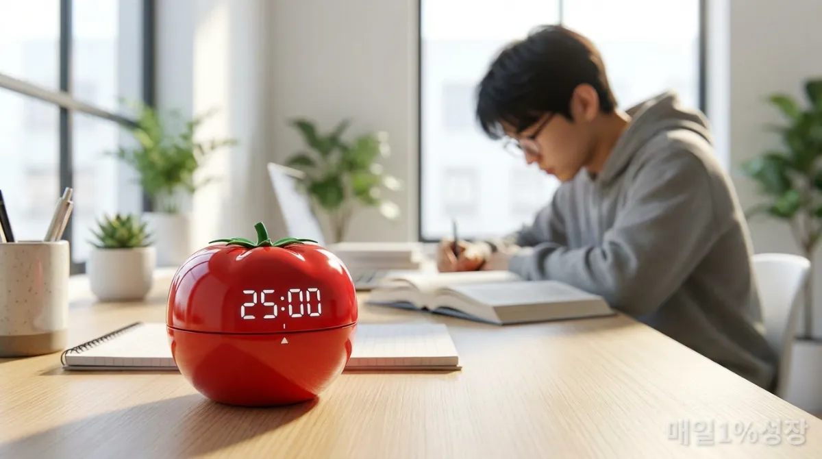 토마토 모양 타이머와 집중하는 사람의 모습