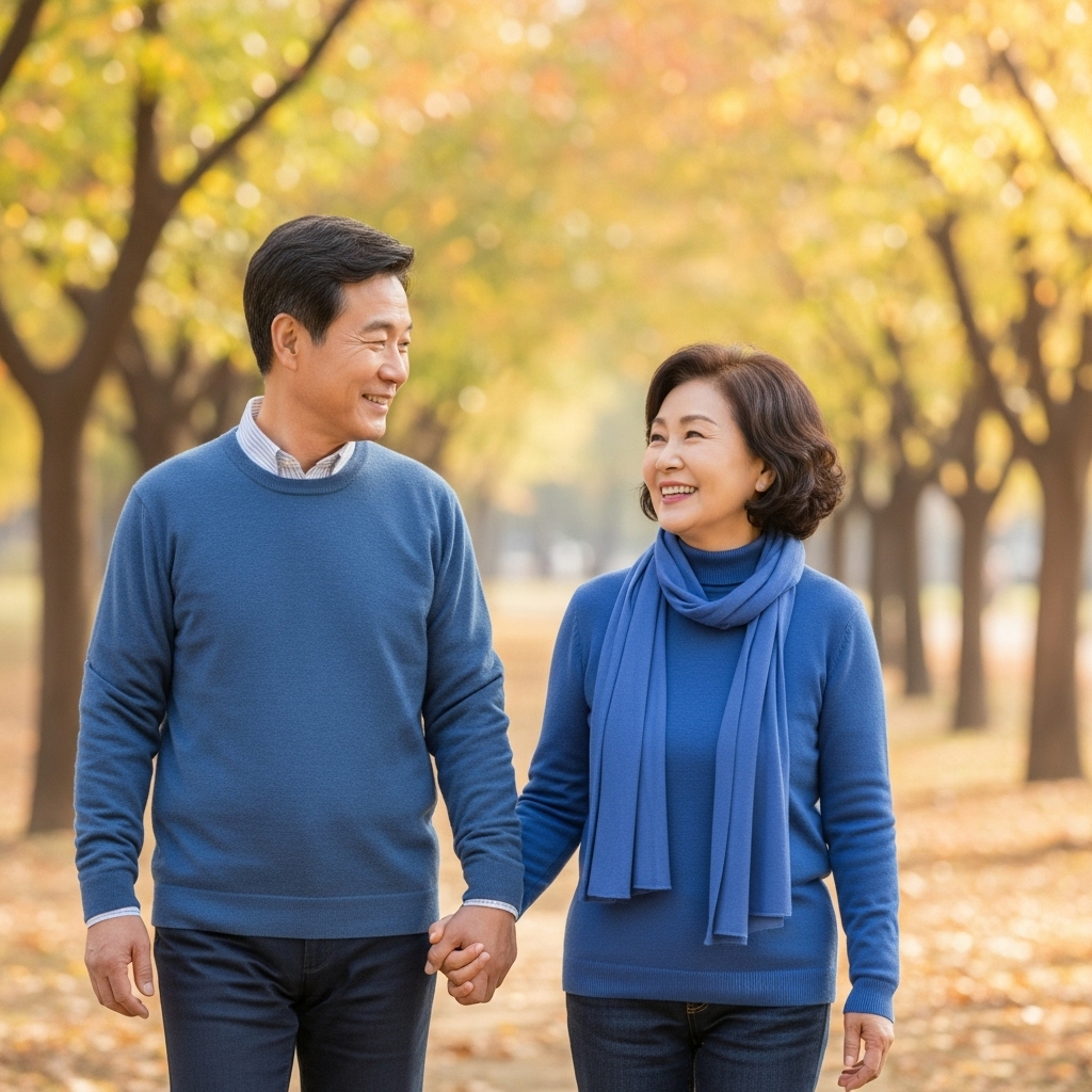 자녀 독립 후 가을 공원을 손 잡고 걷는 중년 부부의 모습.