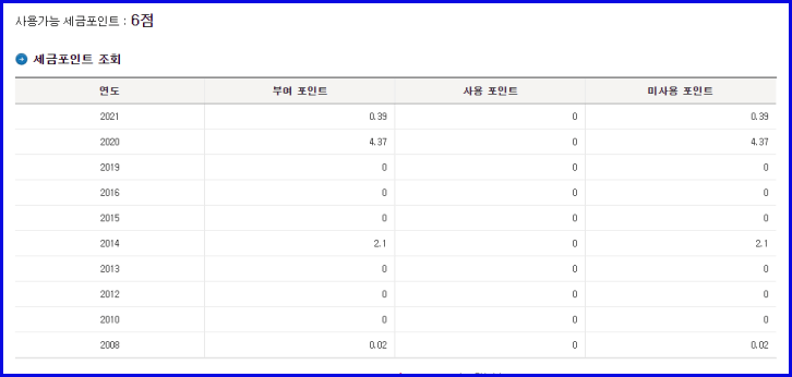 세금포인트 조회 화면