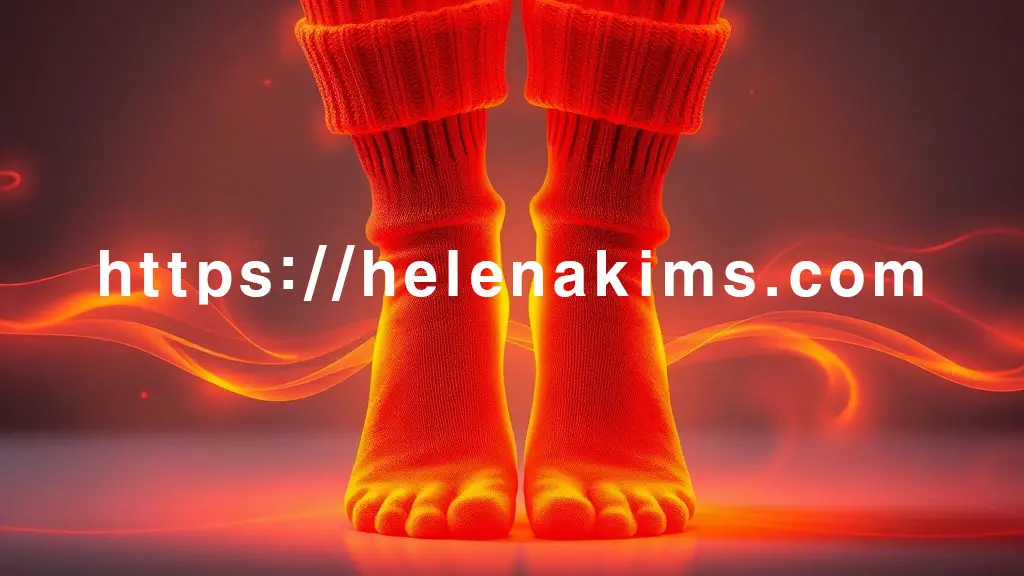 포근한 양말을 신은 발. 발에서부터 부드럽고 따뜻한 주황빛 또는 붉은빛의 혈류 에너지가 물결처럼 발을 감싸고, 점차 다리 위쪽으로 역동적으로 퍼져나가는 시각적 효과. 이는 혈액순환이 개선되고 온몸에 활력을 불어넣는 과정을 상징하며, 따뜻한 온기를 통한 면역력 증진을 암시하는 이미지.