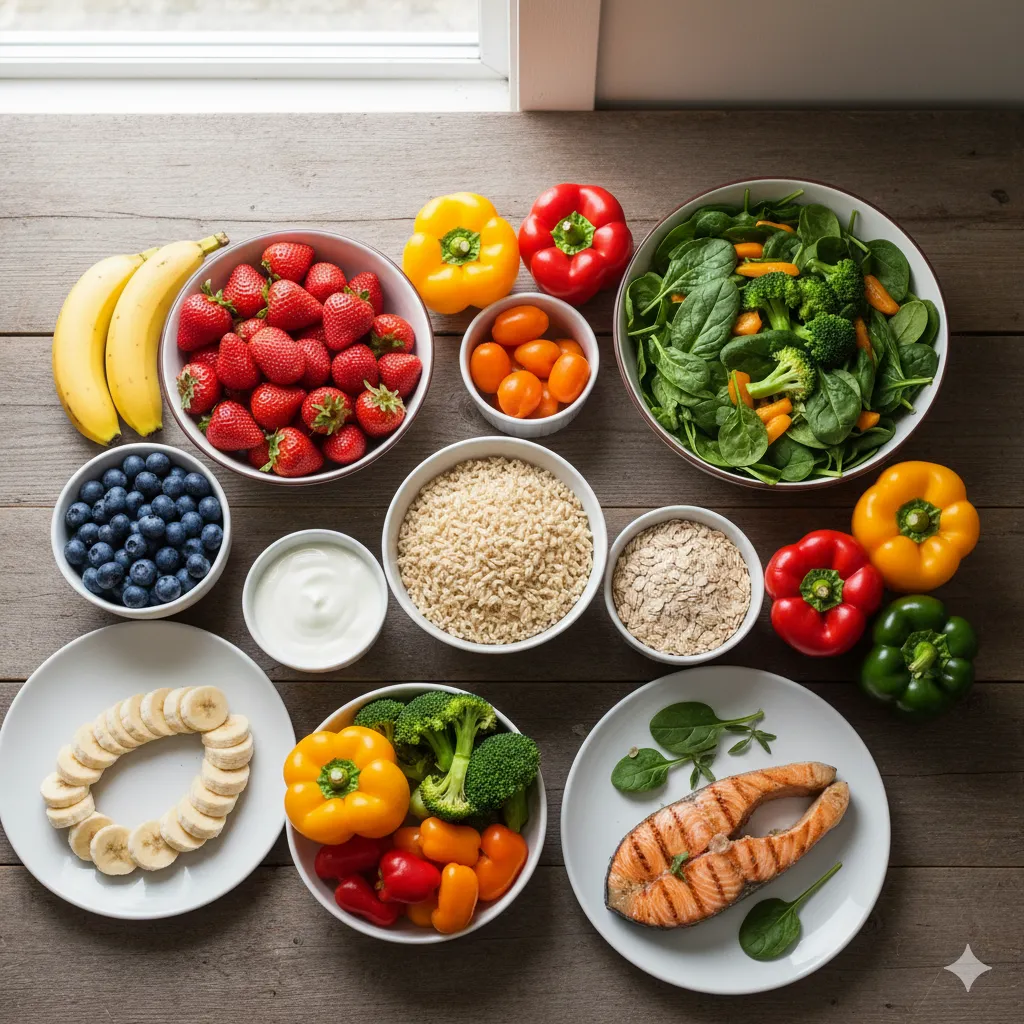 신선한 과일(딸기, 블루베리, 바나나), 다채로운 채소(시금치, 브로콜리, 파프리카), 통곡물(현미밥, 귀리), 저지방 유제품, 살코기 생선 등으로 구성된 풍성하고 균형 잡힌 식탁이 밝고 식욕을 돋우는 모습으로 표현됩니다.