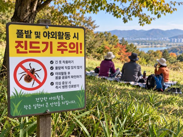가을철 풀밭 야외 활동 시 진드기 주의를 알리는 안내 표지판
