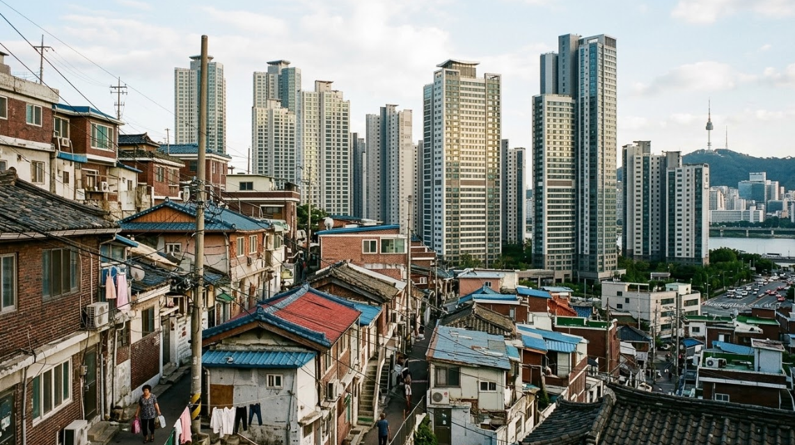 서울 도심의 화려한 아파트 숲과 노후화된 주택가가 대조되는 풍경, 지역별 초양극화 실태