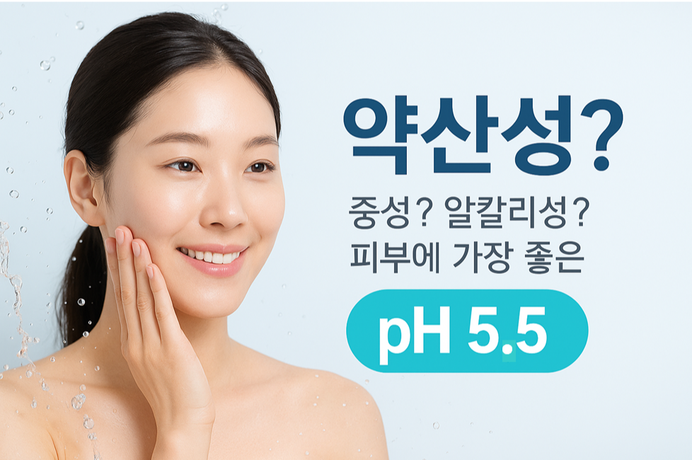 깨끗한 피부의 여성 모델과 함께 '약산성? 중성? 알칼리성? 피부에 가장 좋은 pH 5.5' 문구가 적힌 스킨케어 광고 이미지