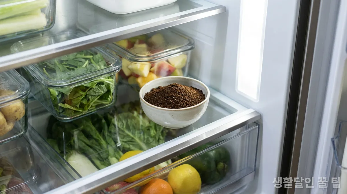 냉장고에 커피 찌꺼기 탈취제를 넣어둔 모습