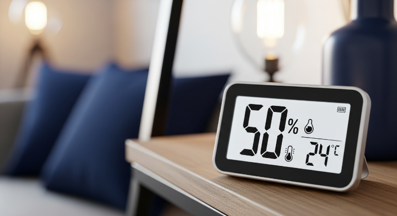 실내 적정 습도 50%를 가리키고 있는 디지털 온습도계 클로즈업