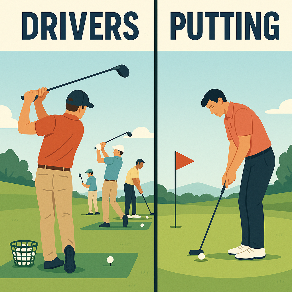 연습장에서 드라이버를 연습하는 사람들과, 한쪽에서 혼자 퍼팅 연습하는 사람