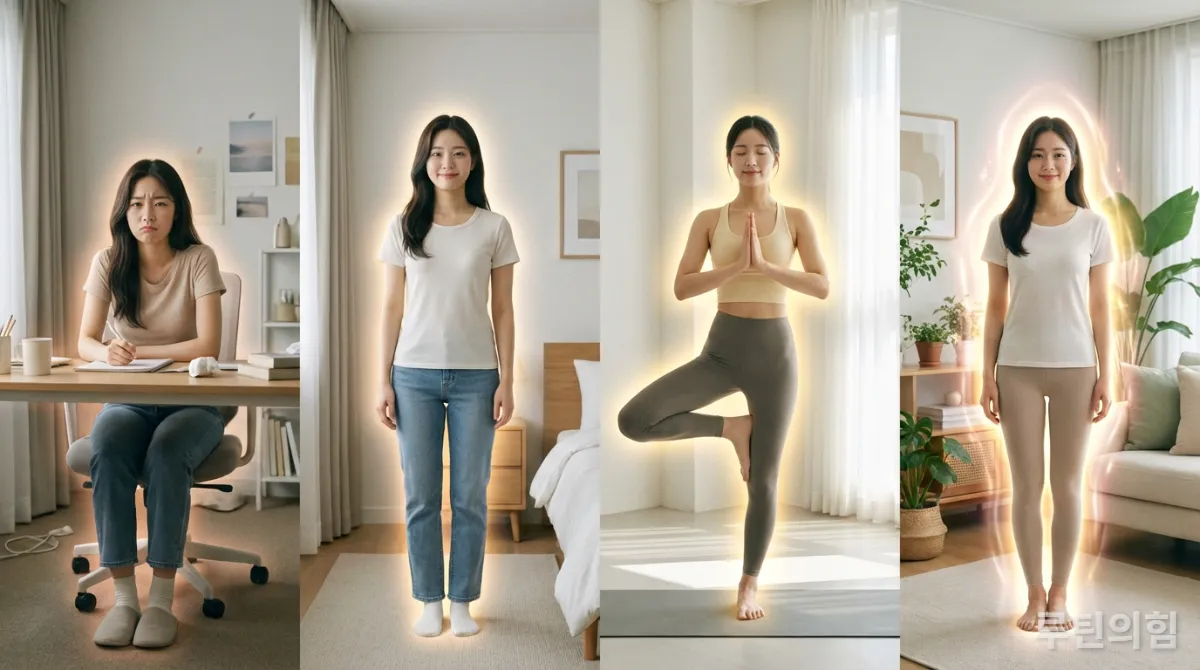 시간이 흐르면서 스트레스가 줄고 건강해지는 한국 여성의 모습, 슬로우 루틴이 만드는 긍정적인 변화.