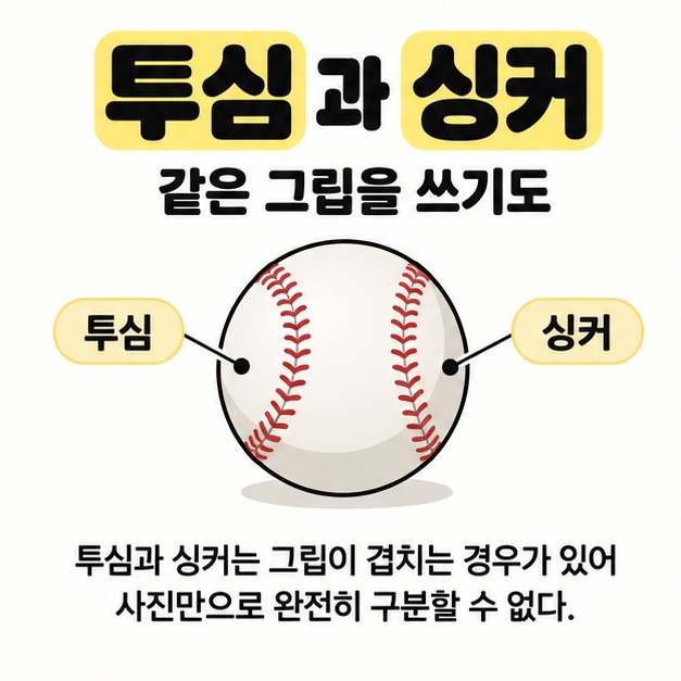 투심과 싱커 및 같은 그립을 쓰기도라는 문구 아래 야구공 하나에 투심과 싱커 레이블을 연결해 공통된 그립을 설명하는 그림