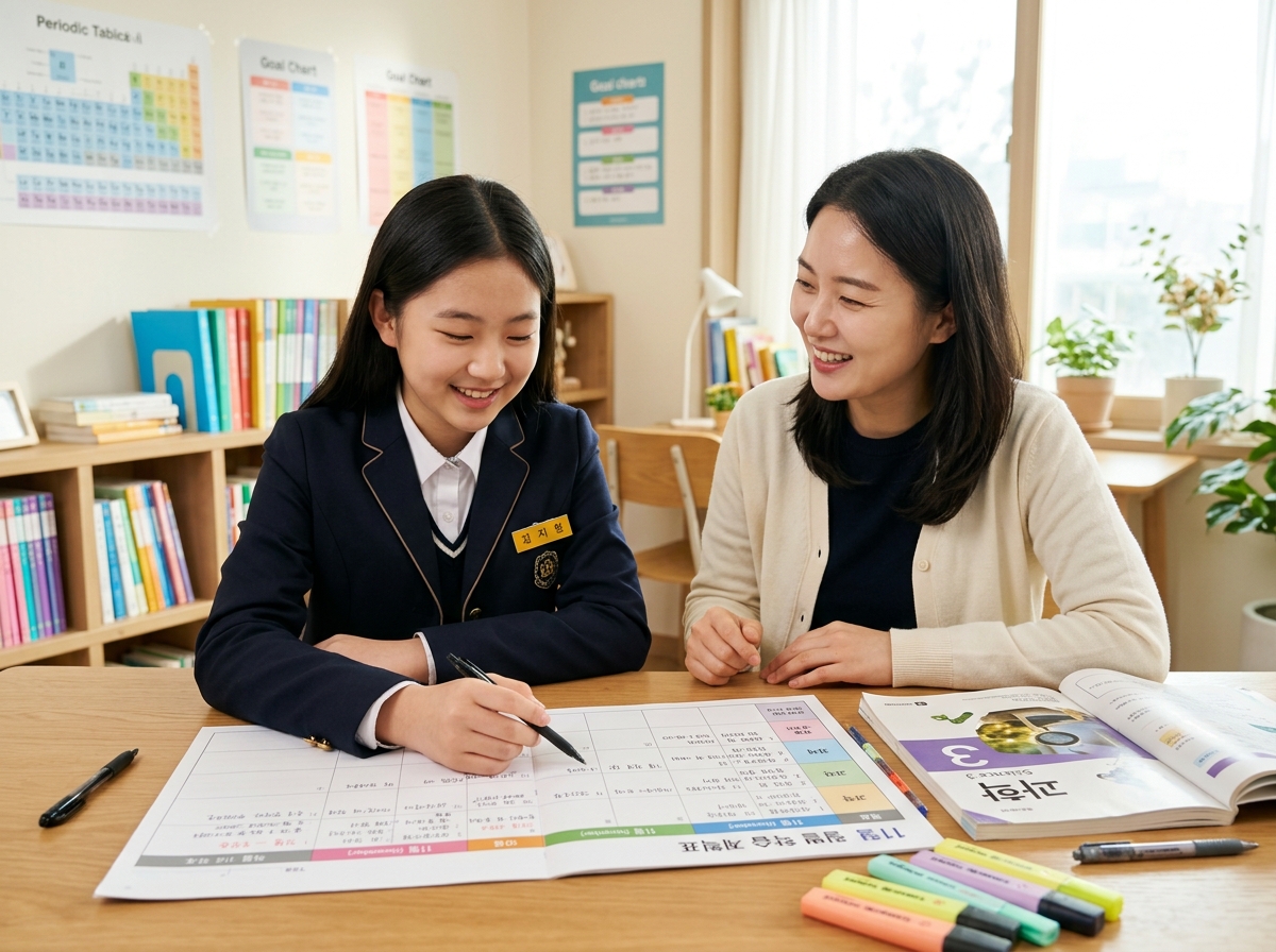 학습 목표를 세우는 학생과 코치
