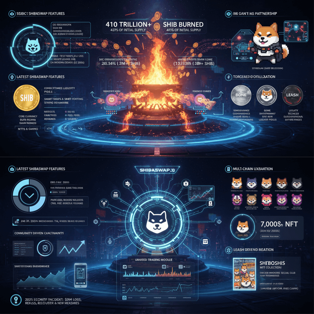 두 개의 이미지를 나란히 비교하며 시바견 테마의 암호화폐인 시바이누(SHIB)의 소각량, 토큰 경제, 특징, 생태계, 그리고 NFT 프로젝트를 시각화한 인포그래픽