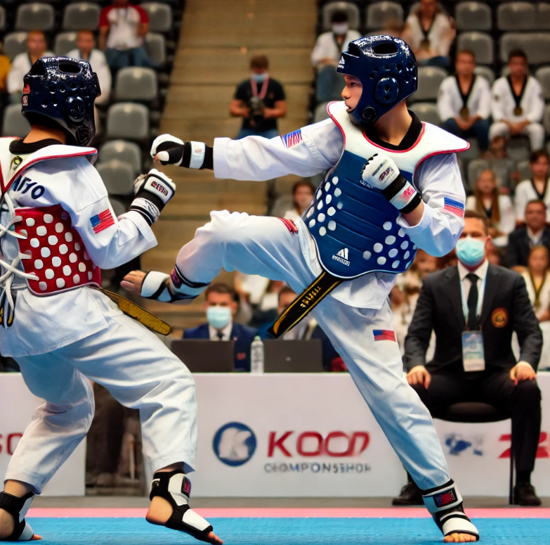 태권도 겨루기 중인 선수들 이미지