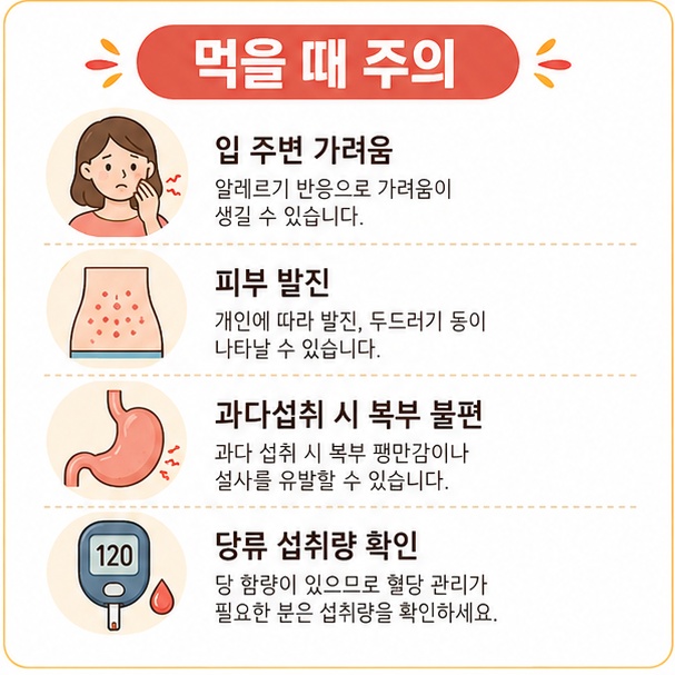 입 주변 가려움, 피부 발진, 과다섭취 시 복부 불편, 당류 섭취량 확인 등 애플망고 섭취 시 주의할 점을 정리한 그림