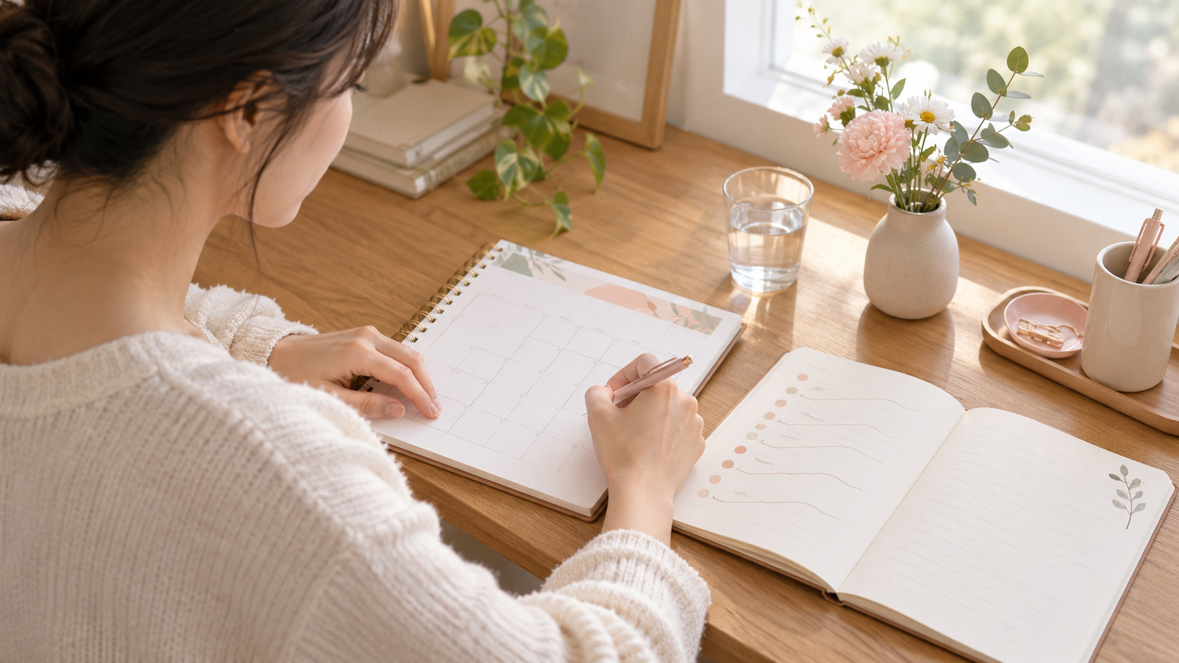 월경 시작일과 증상, 생활 변화를 달력에 기록하는 성인 여성