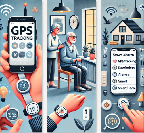 치매 환자 스마트기기 총정리
GPS 추적기 (왼쪽)-손목이나 목에 착용한 GPS 기기를 통해 위치를 실시간으로 확인하는 모습.
알람 기능 (가운데)-환자가 스마트 알람 기기를 확인하며 복약 시간이나 일정 알림을 받는 장면.
스마트홈 (오른쪽)-음성 인식 기기, 자동 조명, 센서 등을 갖춘 집에서 환자가 안전하게 생활하는 모습.