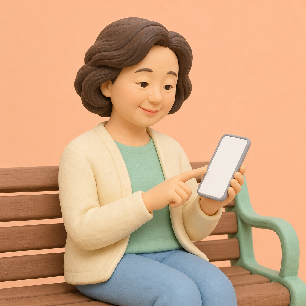공원 벤치에 앉아 휴대폰 계산기를 두드리는 중년 여성