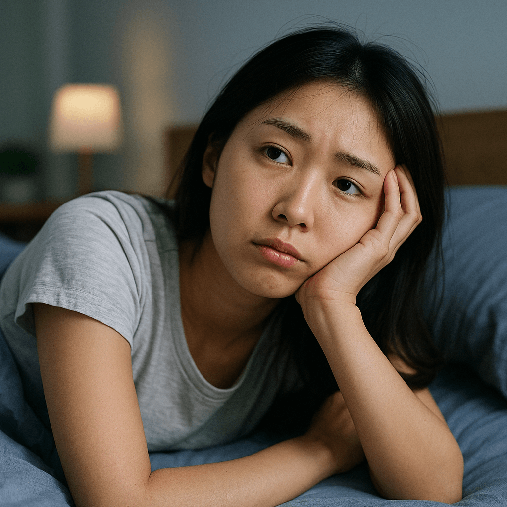 침대에 기대어 피곤한 표정을 짓고 있는 한국인 젊은 여성