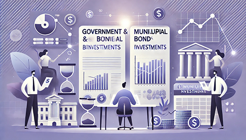 연보라색 배경의 국채 및 지방채 투자 일러스트. 채권, 그래프, 동전 등의 금융 요소와 함께 투자자가 국채와 지방채 투자 옵션을 분석하는 모습을 담은 금융 테마의 깔끔한 그림.